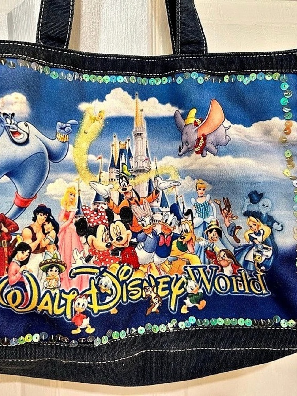 Vintage Walt Disney World characters Denim Sequin tote
